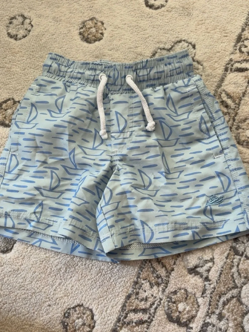 Light Blue Sailboat Print Kids Swim Trunks with Drawstring